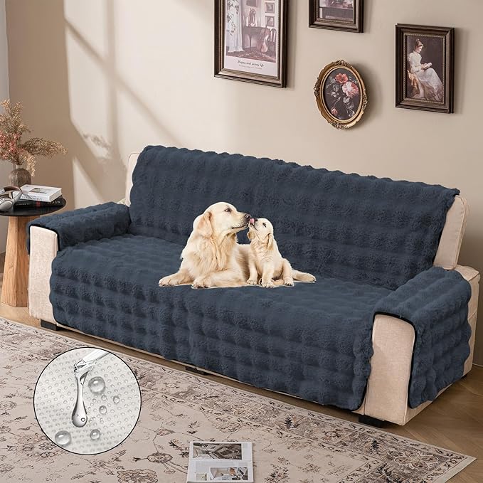 Plush and Fuzzy Shaggy Couch Cover, Dog Pad Faux Fur Sofa Cover, Water Resistant Slipcover, Non-Slip Furniture Protector for Kids,Dogs,Cats.(Noble Gray-Bubble, Medium-XL Loveseat)