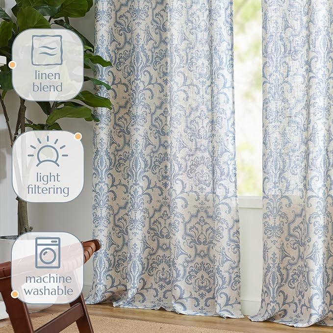 jinchan Curtains for Bedroom, Light Filtering 96 Inch Length 2 Panels Set, Baroque Style Linen Blend Drapes Living Room, Vintage Damask Window Treatments, Grommet Top Blue on Flax, W52 X L96