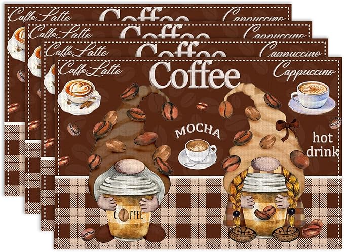 Coffee Gnomes Placemat Set of 4, 12x18 Inch Rustic Brown Plaid Buffalo Plaid Coffee Cups Beans Print Farmhouse Washable Heat Resistant Table Mats for Outdoor Farmhouse Kitchen Dining Decor
