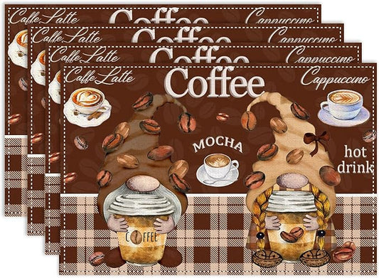 Coffee Gnomes Placemat Set of 6, 12x18 Inch Rustic Brown Plaid Buffalo Plaid Coffee Cups Beans Print Farmhouse Washable Heat Resistant Table Mats for Outdoor Farmhouse Kitchen Dining Decor