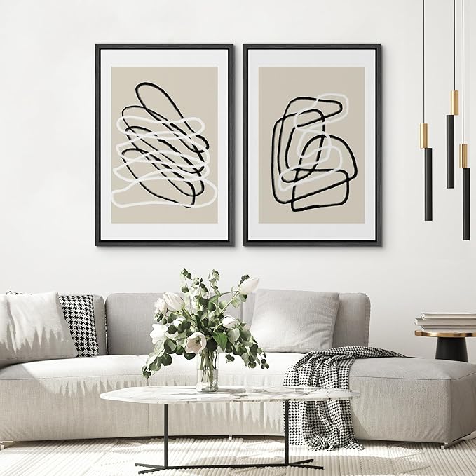 SIGNWIN Framed Wall Art Print Set Black and White Lines Tangled Tan Background Abstract Swirly Cozy Neutral Modern Art Mid-Century Modern Expressive for Living Room, Bedroom, Office - 16"x24"x2 Black