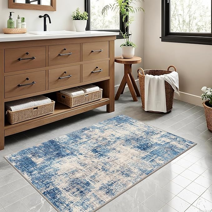 2x3 Modern Abstract Rug Washable Area Rugs for Living Room Bedroom Dining Room Non-Slip Low Pile Neutral Large Rug Soft Indoor Floor Carpet, Blue