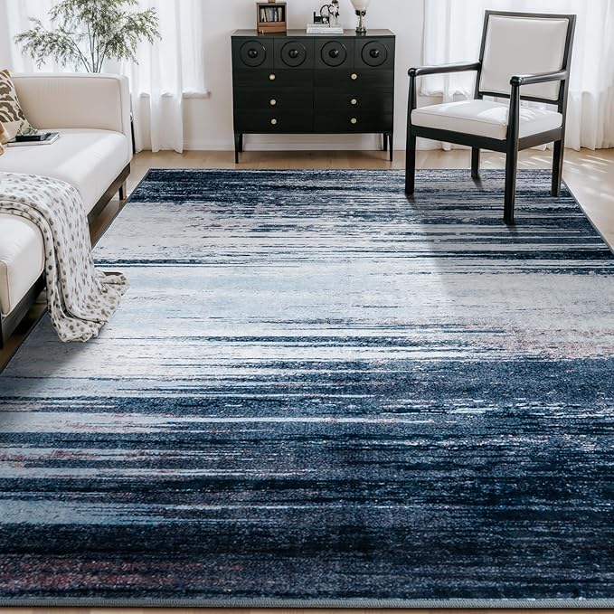 Rugflix 6x9 Area Rug, Washable Rug for Living Room, Non Slip, Soft Low Pile, Modern Abstract Blue Grey Rug for Bedroom, Dining Room, Home Office, Indoor Floor Carpet