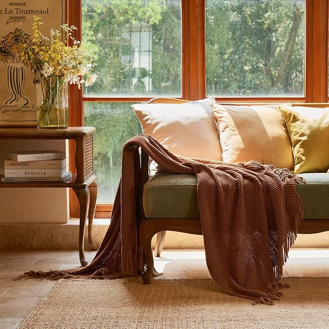 lifein Throw Blanket for Couch, Soft Boho Decor Bed Throw,Cozy Brown Knitted Chenille Small Farmhouse Lightweight Throw (Golden Brown,60 * 80")