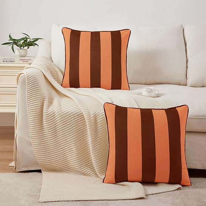 MONDAY MOOSE Decorative Throw Pillow Covers Cushion Cases, Set of 2 Soft Velvet Striped Piping Edge Designs, Pillow Inserts Not Included (Rust/Coral, 16x16 inch)