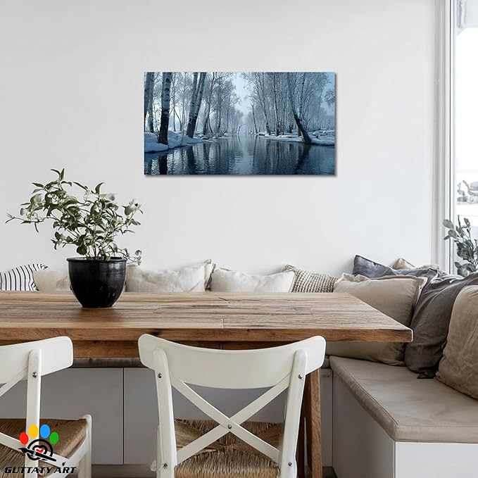 GUTTATY Christmas Winter Scene Canvas Wall Art, Snow Forest Canvas Prints, Tranquil Birch Tree Pictures, Serene Blue Wall Decor for Living Room, Bedroom, Holiday Decoration, 16x8 Inch