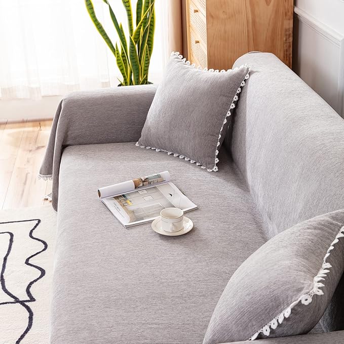VClife Gray Couch Cover Washable Plush Chenille Sofa Loveseat Cover 71"X150" for 3 Cushion Couch Bed - Modern Decorative Furniture Protector