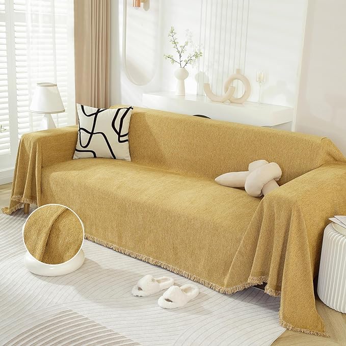 DREAMINGO Modern Minimalism Mustard Yellow Couch Cover Sectional Sofa Covers for 3 Cushion Couch Washable Chenille Pet Couch Protector for Dogs Boho Herringbone Sofa Furniture Slipcover, 71"x150"