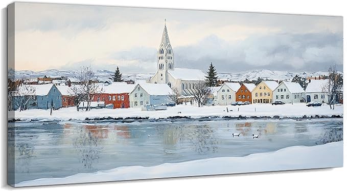 GUTTATY Christmas Winter Scene Canvas Wall Art, Snowy Village Houses & Church Wall Decor, Serene Winter Pictures, Holiday Wall Prints for Living Room, Bedroom, Office, 40x20 Inch