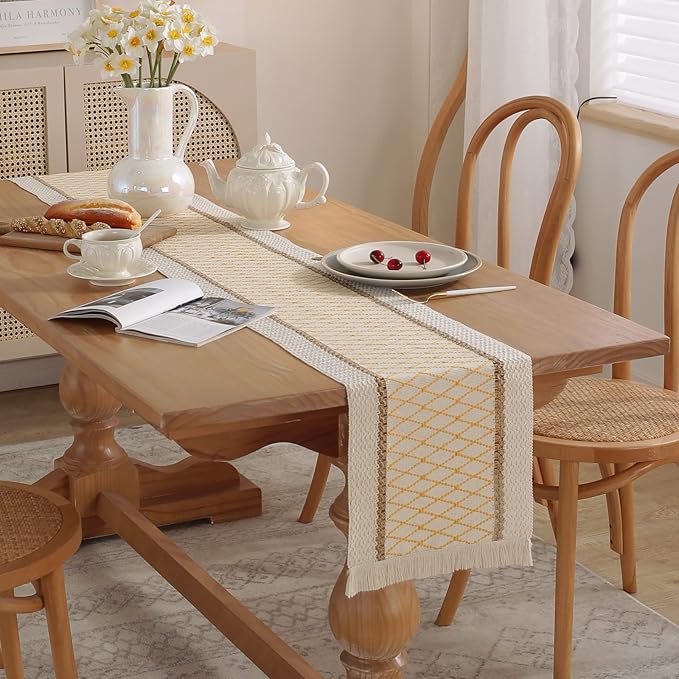 Boho Burlap Macrame Table Runner, Farmhouse Style Cotton Linen Rustic Woven Table Runner with Tassels for Dining, Wedding, Bridal Shower, Bohemian (12x72 inch, Yellow Grid)