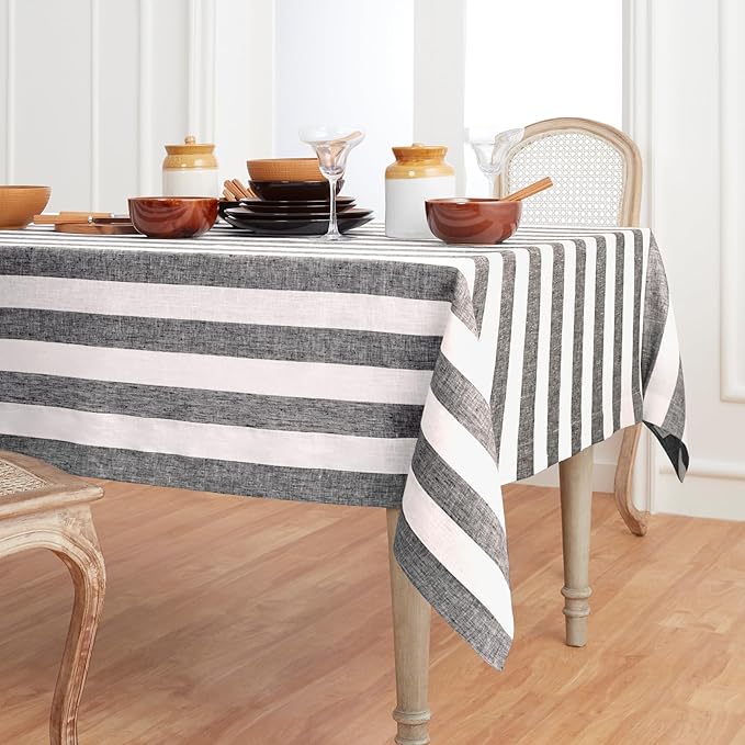 Solino Home Linen Tablecloth 60 x 90 Inch - Cabana Stripe 100% Pure Linen Black and White Table Cloth for Rectangle Tables - Machine Washable Tablecloth for Fall, Thanksgiving, Holiday