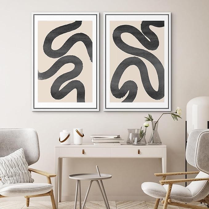 SIGNWIN Framed Wall Art Print Set Black Squiggly Lines Over Tan Background Abstract Swirly Digital Art Modern Art Mid-Century Modern Expressive for Living Room, Bedroom, Office - 24"x36"x2 White