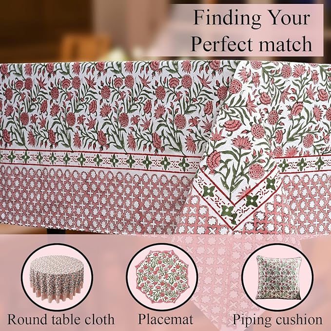 CPC Tablecloth 100% Cotton 70x118 Inch Indian Block Print Rectangle Table Cover, Table Cloth for Weddings, Spring/Summer, Barbeque - Red Garnet