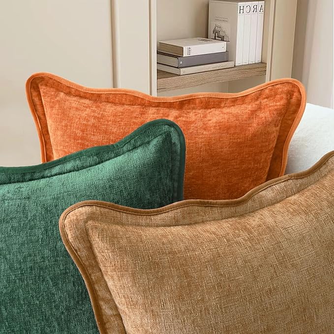 CaliTime Throw Pillow Covers Decorative 18 X 18 Inches Pack of 2 Cozy Chenille Scalloped Wavy Edge Cushion Cases for Couch Sofa Bed Living Room Farmhouse Apricot Brown