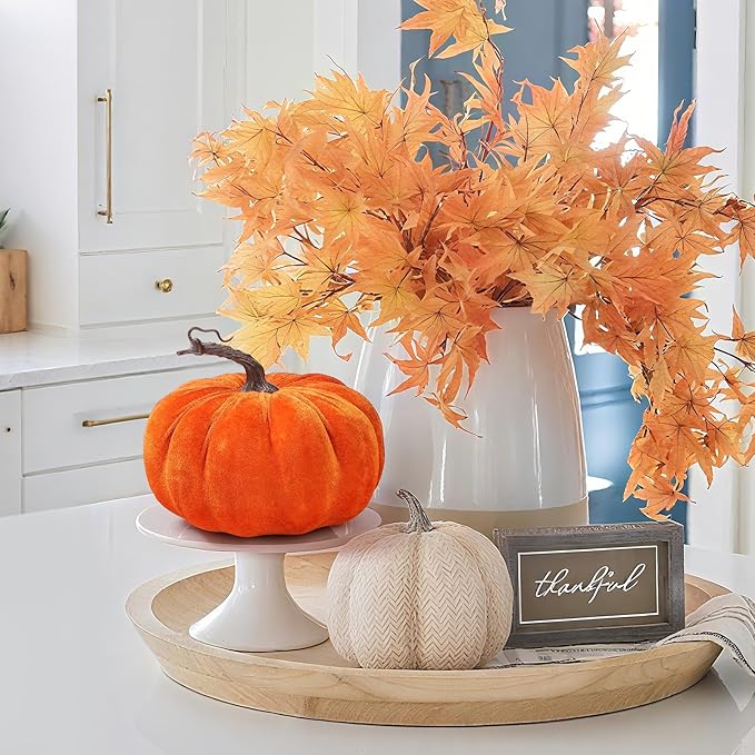 2pcs Velvet Fake Pumpkins Fall Harvest Fabric Foam Pumpkin Thanksgiving Halloween Decor for Table Centerpiece Wedding Farmhouse (2, Orange Gold, L)