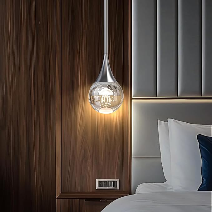 1-Pendant Lights Kitchen Island, Chrome Silver Crystal Globe Ceiling Hanging Light Fxitures, LED Lamp Metal Rod Ceiling Jellyfish Pendant Lighting for Kitchen Dining Room Bar