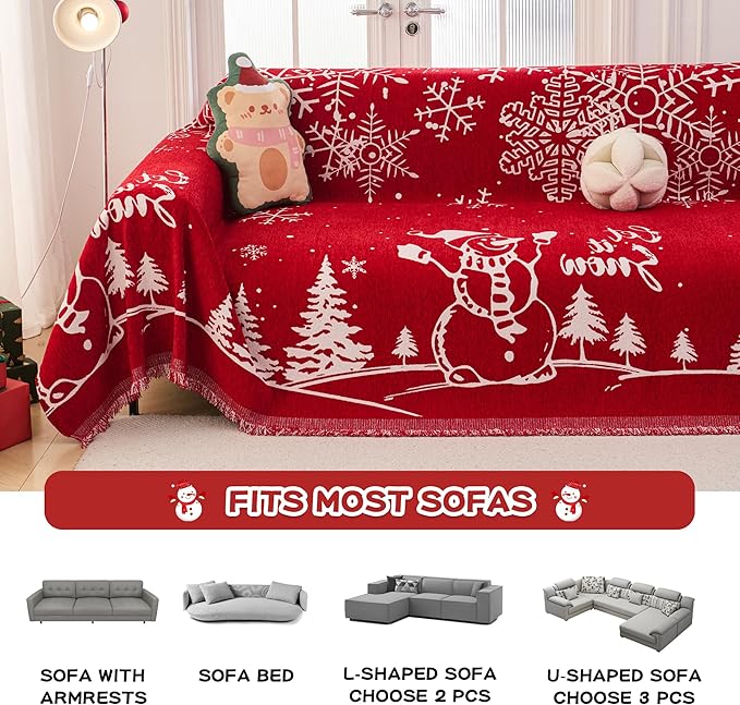 MEETSKY Christmas Sofa Cover Couch Covers for 2 Cushion Couch Sofa, Washable Couch Cover Blanket with Tassel for Living Room Sectional Sofa Slipcovers for Dogs Large Couch Protector, 71" x 118", Red