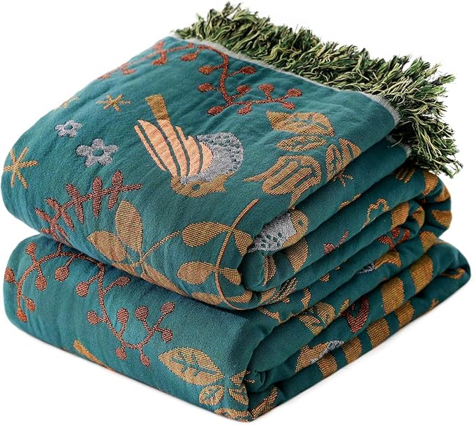 King Throw Blanket for Bed 100% Cotton Boho Ultra Soft Rustic Quilt Birds and Floral Double Embroider Fall King Bed Blanket,90"×108" All Season Blankets for Bedding Couch