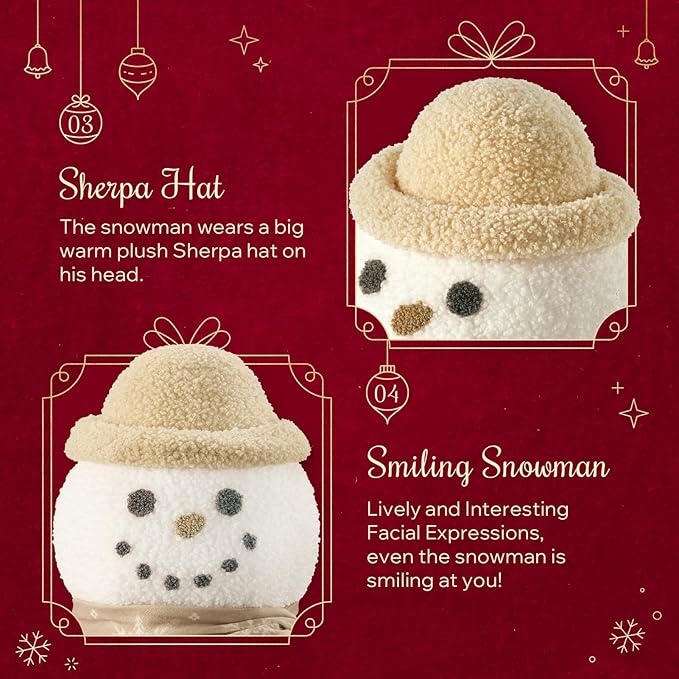 Phantoscope Merry Christmas Shaped Throw Pillow, Plush Teddy Sherpa Snowman Pillow with Scarf & Hat, Xmas Snowman Decorative Pillow for Couch Living Room Bed, Beige, 16.5 x 10.5 inches