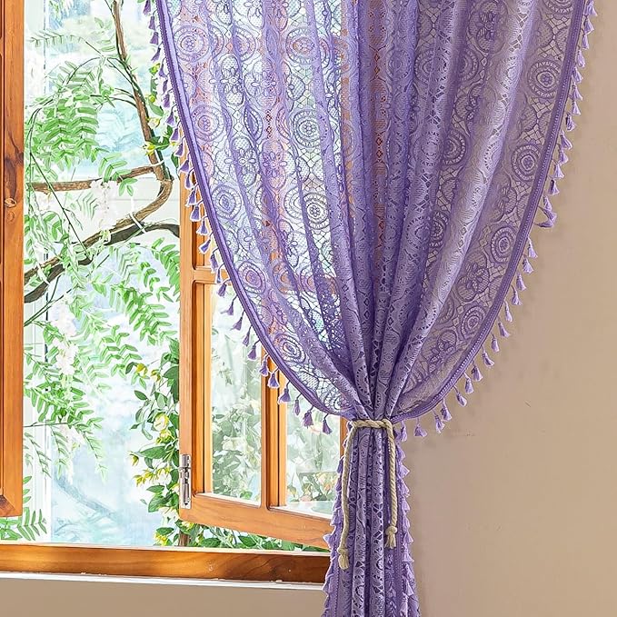 Light Purple Lace Curtains 84 Inches Long 2 Panels Boho Doily Pattern Window Curtain Drapes for Living Dining Room Romantic Light Filtering Lilac Sheer Curtains for Girls Room 59x84 Lavender