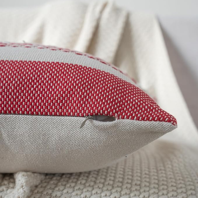 Christmas Pillow Covers 20x20 Inch Set of 2, Red Textured Boho Christmas Decorative Couch Pillow Cases for Farmhouse Home Decor, Accent Cushion Cover for Sofa, Bed, Living Room, Bedroom