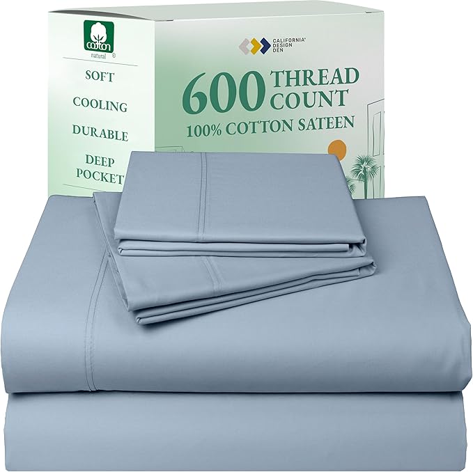California Design Den Luxury Queen Size Sheet Set - 100% Cotton, 600 Thread Count Deep Pocket Queen Sheets, Hotel-Quality Bedding with Sateen Weave - Blue