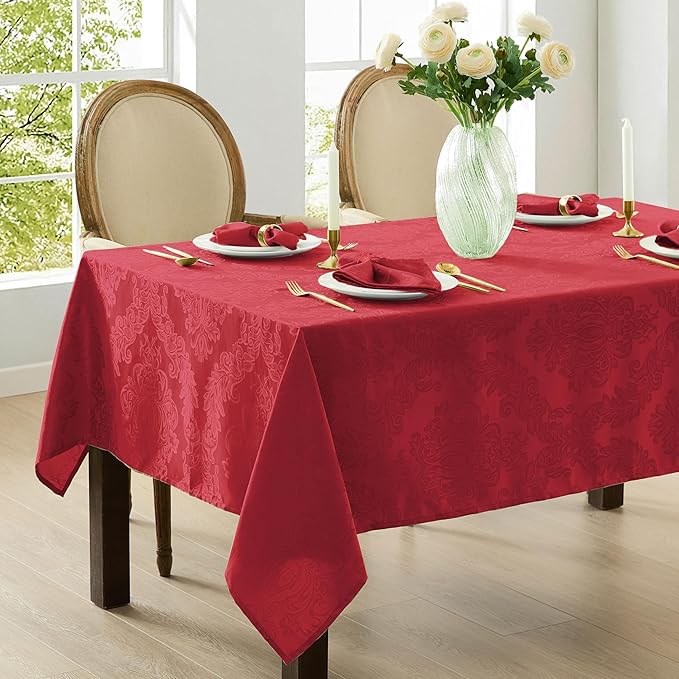 Newbridge Barcelona Damask Fabric Tablecloth, 60 x 120 Inch Rectangle, Red – No Iron, Soil Resistant Table Cover for Dining, Parties and Holidays
