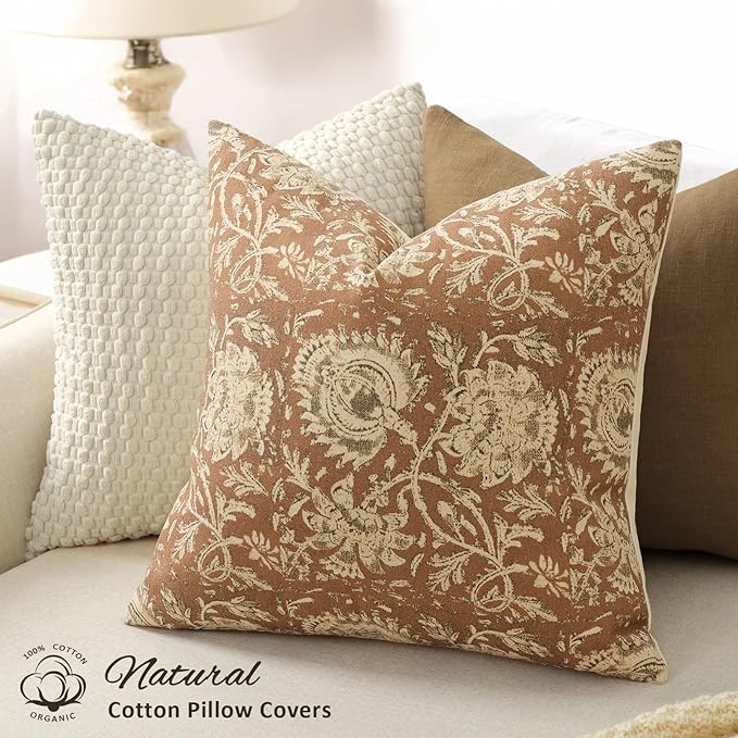 Vintage Floral Print Throw Pillow Covers 20x20 Set of 2 Neutral Modern Farmhouse Pillowcases Accent Decorative Cushion Covers Boho Home Decor for Couch Sofa Chair Bed Living Room, Cognac