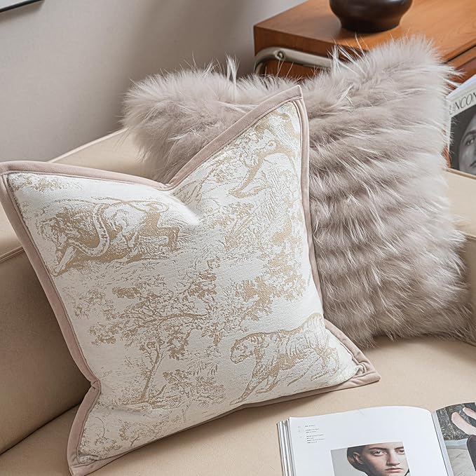 2025 New 18x18'' inches Throw Pillow Cushion Covers - Jungle Pattern with Edge Strip Chenille Jacquard Embroidery Luxury Modern Style Couch Sofa Bed Pillow Cover for Living Room Bedroom