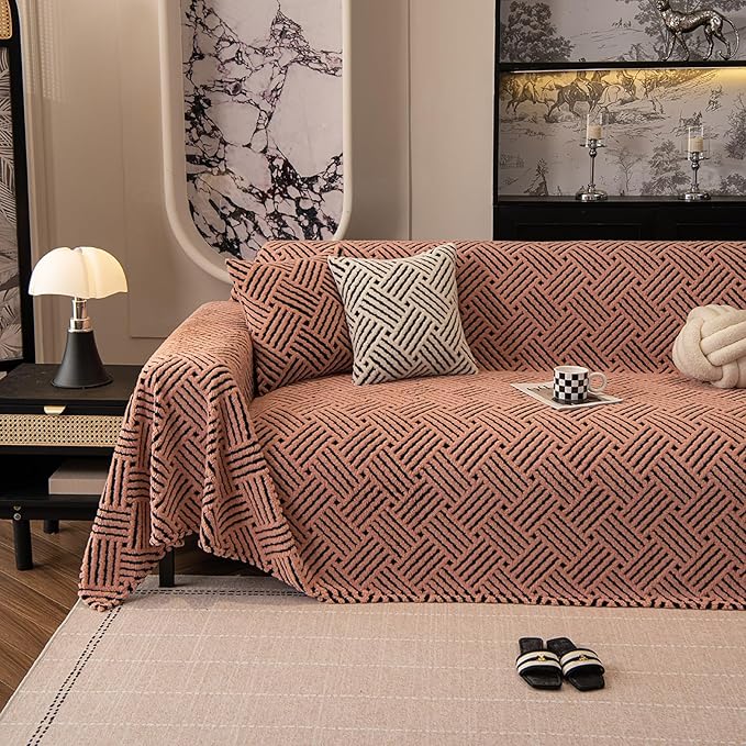 ROOMLIFE Striped Boho Pink Couch Cover for 2-3 Cushion Sofa, Fuzzy Plush Warm Sofa Slipcovers Sectional Sofas Covers, Non Slip Washable Furniture Protector Soft with Tassel,Winter 71''X118”