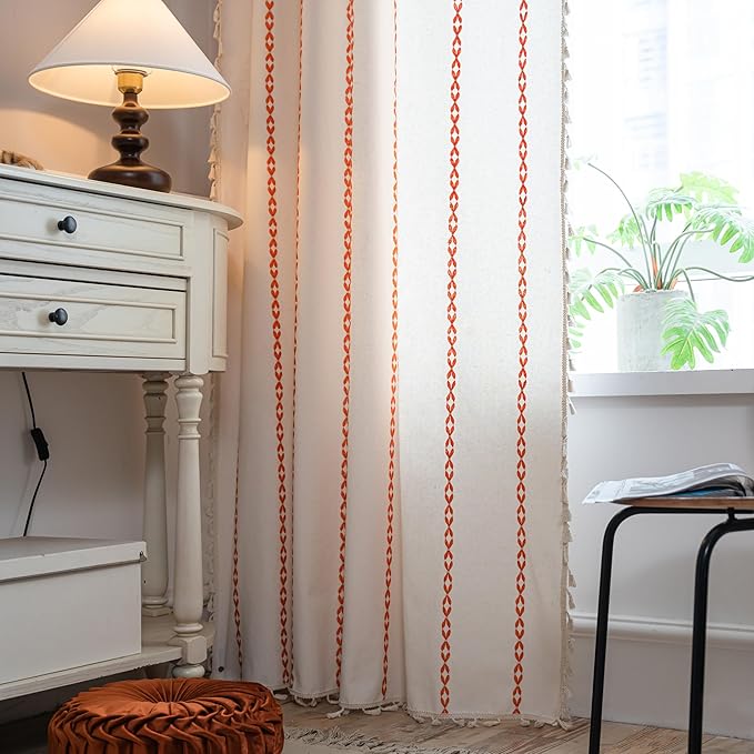 Sutuo Home Boho Curtains 63 inches for Bedroom Living Room, Semi Blackout Embroidery Window Bohemian Tassels Drape for Fall Halloween Decor, Rod Pocket 1 Panel 52" W x 63" L, White and Orange