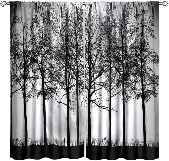 Gothic Forest Blackout Curtains, Black Tree Moon Spooky Foggy Mysterious Retro Window Drapes, for Living Room Bedroom 31.5(W)*72(L) 2 Panels