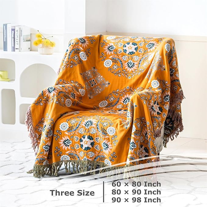 Boho Throw Blanket for Bed - 100% Cotton Ultra Soft Rustic Quilt Fall Blanket - Floral Printed Farmhouse Decor Bed Blankets,90"×98" All Season Rustic Throw for Sofa Couch Chair