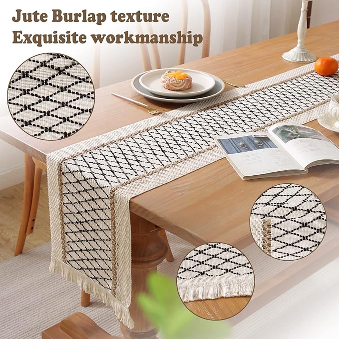 Boho Burlap Macrame Table Runner, Farmhouse Style Cotton Linen Rustic Woven Table Runner with Tassels for Dining, Wedding, Bridal Shower, Bohemian (12x72 inch, Black Grid)