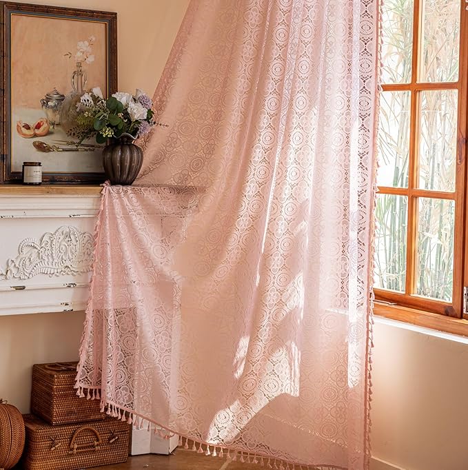 YJ YANJUN Pink Boho Curtains 72 Inches Long 2 Panels Set Romantic Flower Sheer Lace Curtains with Tassel for Bedroom Living Room Dining Room Farmhouse & Cottage Home Décor 59 x 72 Inch, Soft Pink