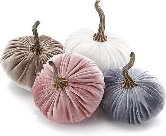 Your Heart's Content Set of 4 Velvet Pumpkin, Pastel Fall Accent, Thanksgiving Centerpiece, Tiered Tray Kitchen Décor, Thoughtful Gift (Sm Gray Taupe Ivory Blush)