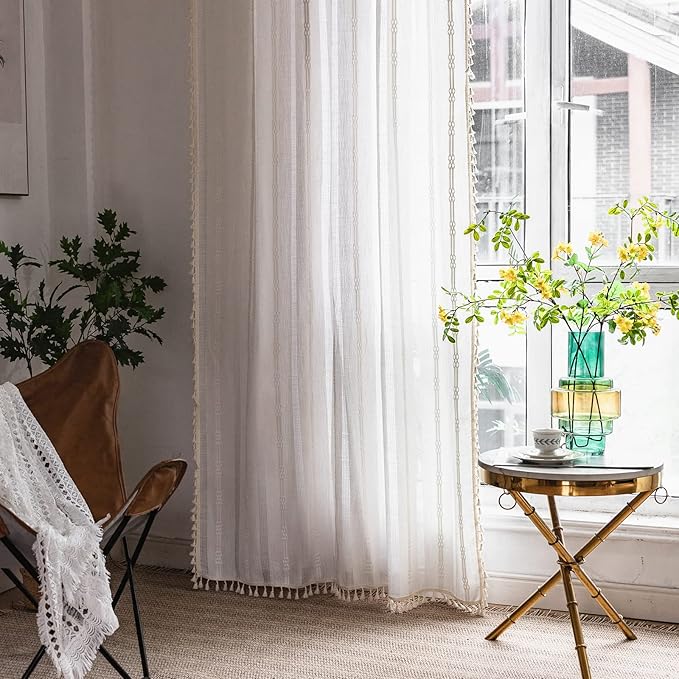 Sutuo Home Boho Curtains 96 Inches Long for Bedroom Living Room, Hollow Stripes Bohemian Embroidery Drape Light Filtering Cream Vintage Shabby Chic Tassels Window Treatment 1 Panel 52"W x 96"L,White