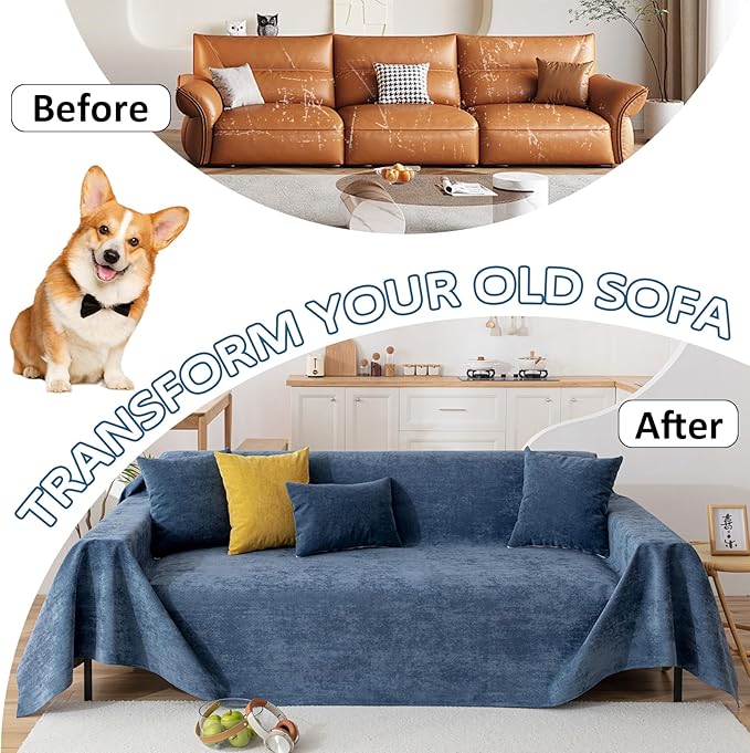VClife Anti Cat Scratch Sofa Cover, 100% Waterproof Couch Cover Pets Sofa Cover for Sectional Sofa, Anti Slip Couch Protector Washable Throw Couch Cover for 3 Cushion Couch Sofa, Dark Blue, 71"X150"