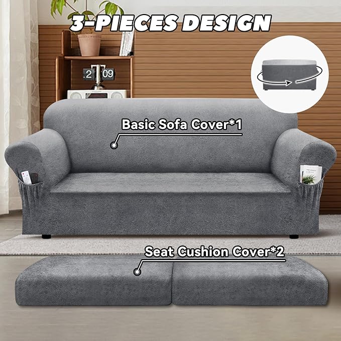 Sofa Slipcover with Armrest Pockets 3-Piece Set, Stretch Faux Leather Couch Cover for 2-Cushion Couches(Fits 72-92") - Non-Slip, Machine Washable, Pet & Kid Friendly - Light Gray