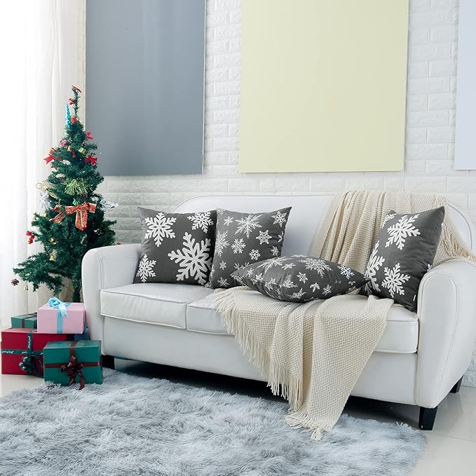 HWY 50 Grey Gray Decorative Throw Pillow Covers 16x16 Inch for Couch Sofa Living Room Bed, Soft Square Throw Pillows Cases Cushion Cover with Christmas Snowflakes Print Pack of 2