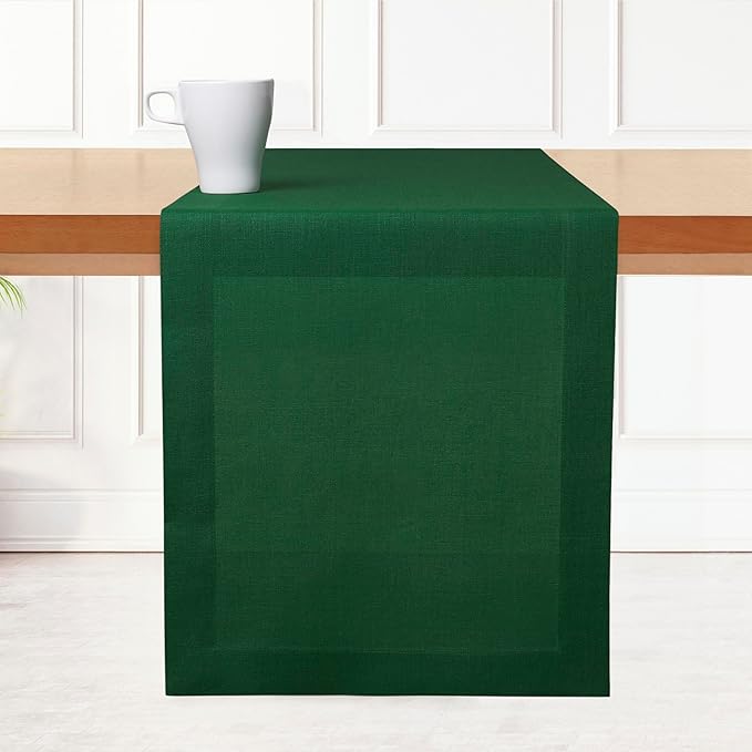 D'Moksha Homes Linen Table Runner 48 Inches - 100% Pure Linen Forest Green Table Runner 14 x 48 Inch for Coffee Tables, Dresser, Fall, Thanksgiving, Christmas, Holiday - Machine Washable