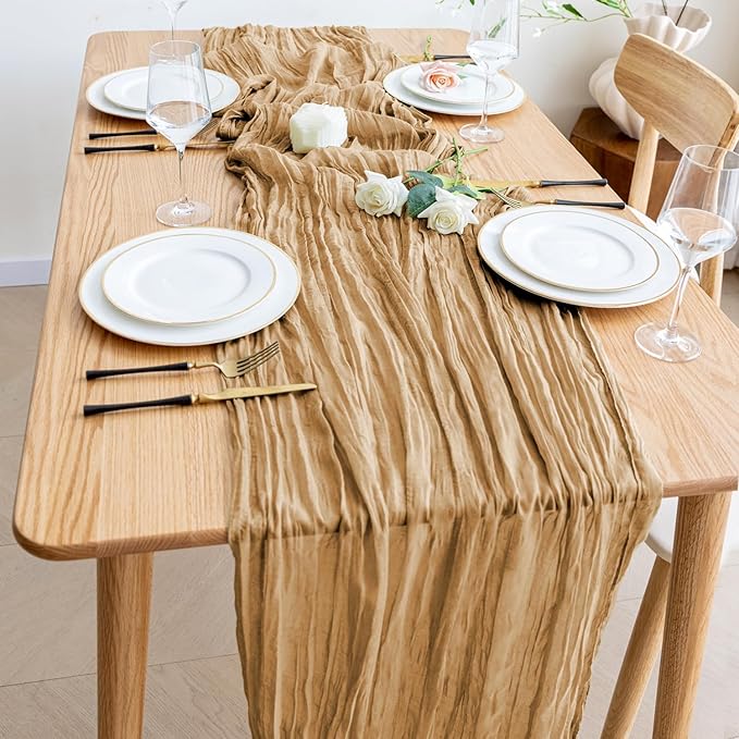 Wokceer Cheesecloth Table Runner 12Pack 10FT Khaki Boho Gauze Cheese Cloth Table Runner for Party Long Rustic Sheer Table Runners for Baby Bridal Shower Wedding Easter Table Decor