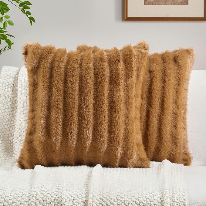 FUTEI Camel Decorative Throw Pillow Covers 16x16 Inch Set of 2,Soft Fluffy Faux Rabbit Fur Dyeing Striped Textured Cushion Case,Modern Home Decor for Couch Bed Living Room