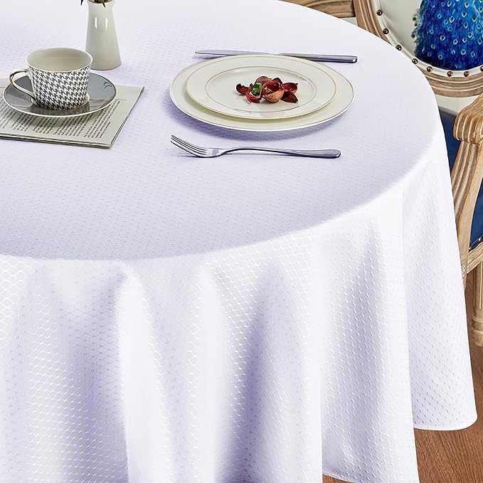 Rectangle Table Cloth Linen Farmhouse Stainproof Waterproof Washable Polyester Oblong Rectangular Fabric Table Cover for Kitchen Dining Dinner (White, Round 70'' Inch)
