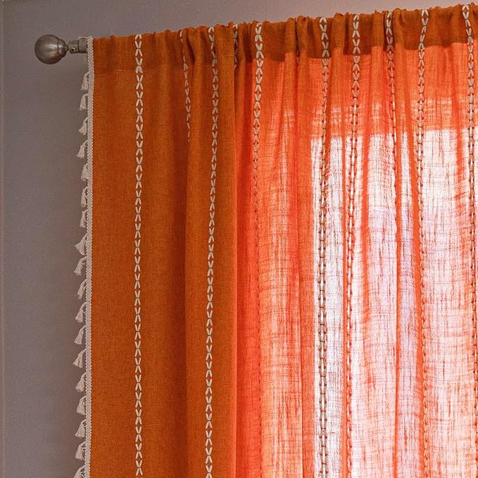 Sutuo Home Orange Boho Curtains for Bedroom Kitchen, Semi Blackout Linen Farmhouse Vintage Tassels Window Treatment Bohemian Embroidery Drape for Fall Autumn Decor, Rod Pocket 1 Panel 52" W x 63" L