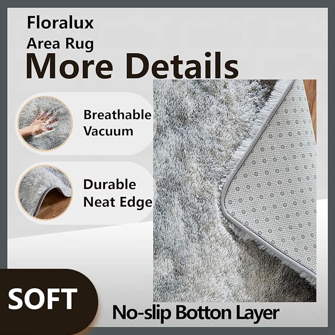 Floralux Rugs for Bedroom 3x5, Tie-Dyed Light Grey Area Rug for Living Room, Fluffy Shag Carpets, Non-Slip Indoor Floor Carpet for Kids Girls and Boys, Preppy Dorms, Nursery, Home Decor Aesthetic