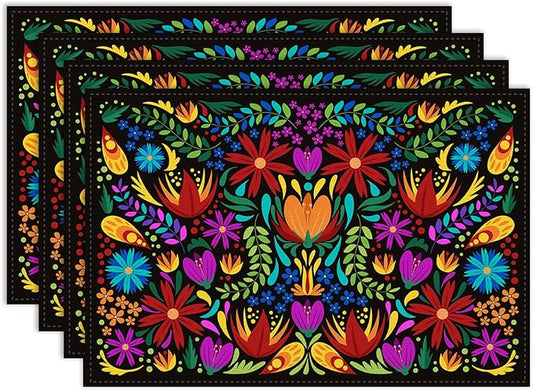 Mexican Floral Placemat Set of 6, 12x18 Inch Boho Colorful Mexico Fiesta Talavera Birds Cinco de Mayo Stripes Coffee Vintage Table Mats for Outdoor Kitchen Dining Table Decoration