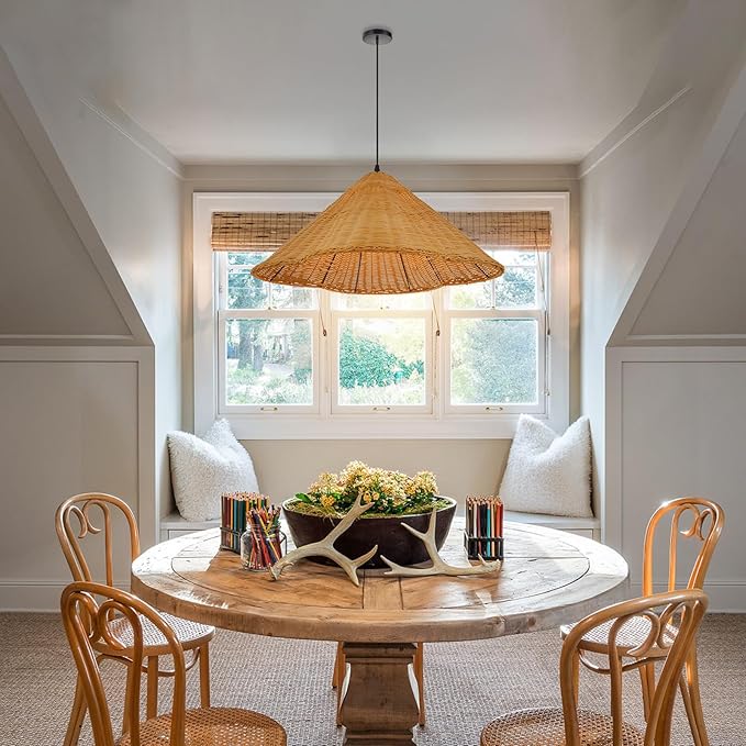 Arturesthome Modern Farmhouse Chandelier Woven Pendant Light Natural Rattan Hat Lamp Shape 1 Light Rustic Chandelier for Dining Room Kitchen Restaurant 23.6"