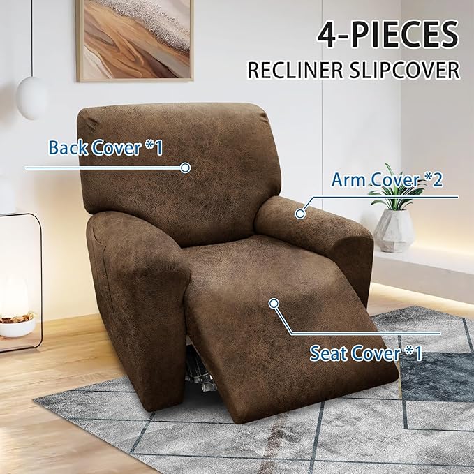 Chair Covers 4-Pieces Recliner Chair Covers 1 Seater Cover for Recliner Chair Leather Look Recliner Slipcovers with Pockets Spandex Fabric Furniture Covers(XL Recliner, Brown)