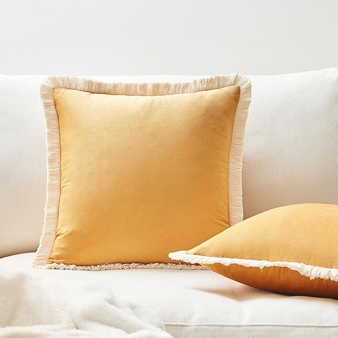 MONDAY MOOSE Decorative Throw Pillow Covers Cushion Cases, Set of 2 Soft Velvet Modern Fringe Tassel Designs, Mix and Match for Home Decor, Pillow Inserts Not Included (Yellow, 18x18 inch)
